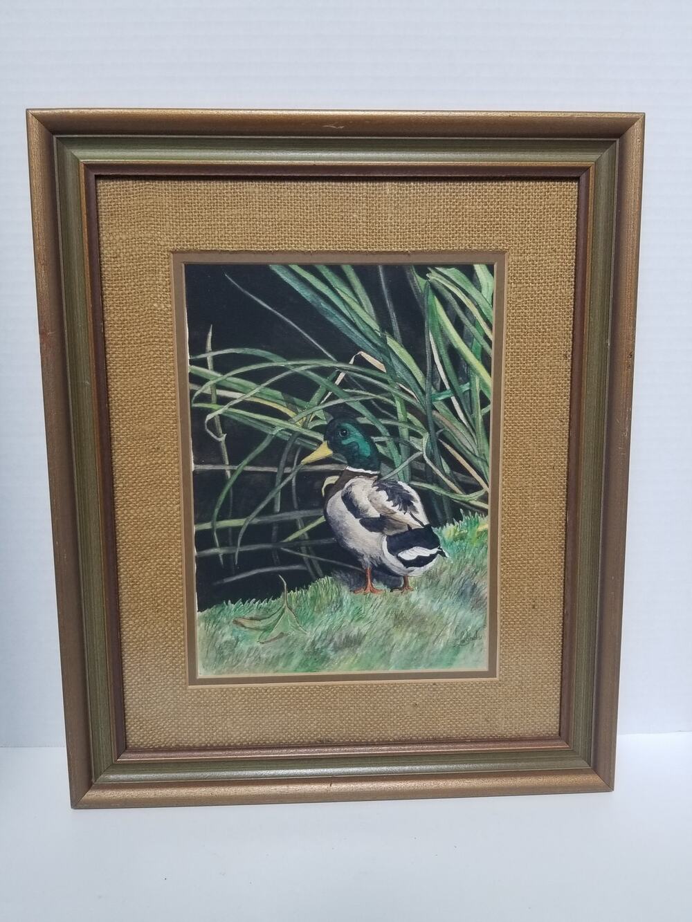 Vintage Signed Mallard Duck Marsh Framed Watercolor Burlap Frame 15.5x19